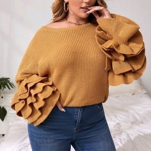 SHEIN CARAMEL RUFFLE SLEEVE SWEATER SZ 3X - Picture 1 of 5
